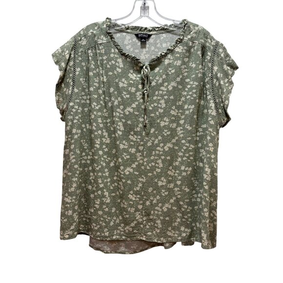 Buffalo David Bitton Womens XL Green Floral Lace-Up Top Ruffled Neckline - Picture 1 of 5